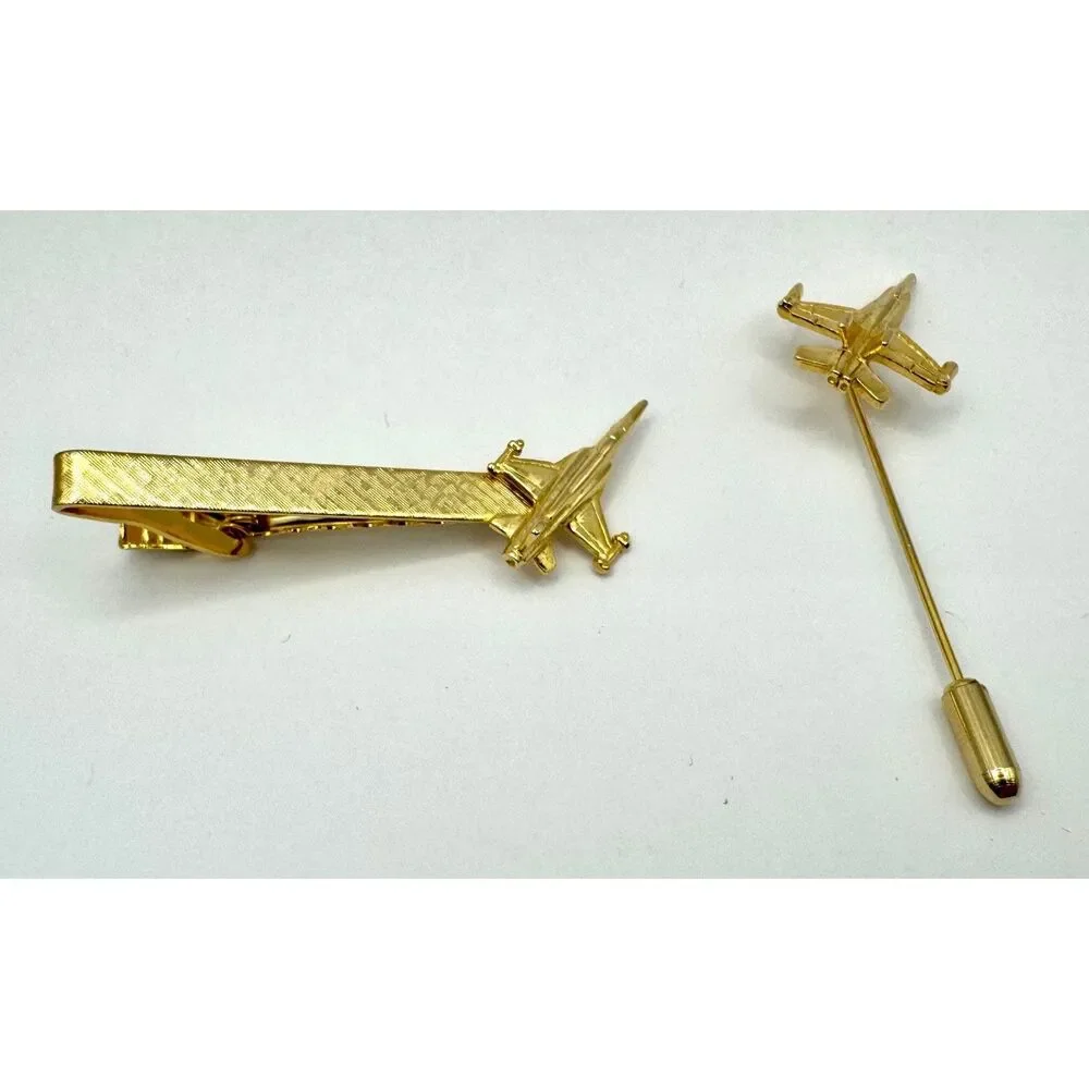 Fighter Jet Gold Plated Vintage Tie Bar Clip Lapel Pin Air Force Service Jets